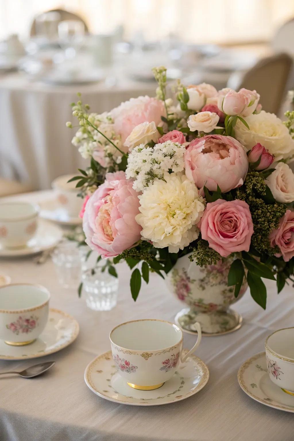 A floral focal point featuring peonies and roses beautifully enhances the tea gathering table.
