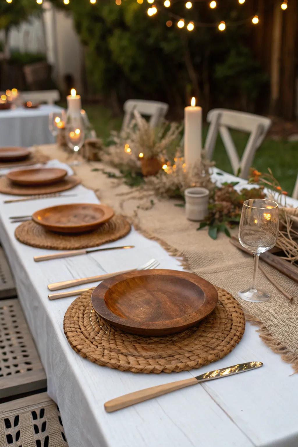 A country-inspired dining table showcasing natural wood components and hessian.
