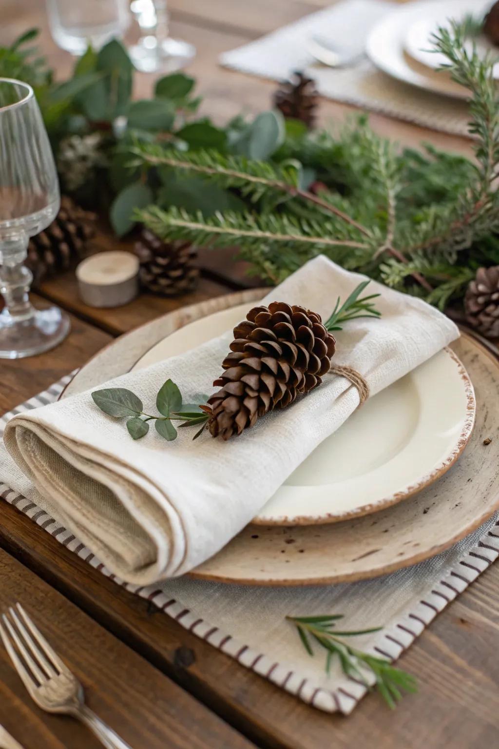 Rustic tablescape enhanced by a pinecone and greenery.