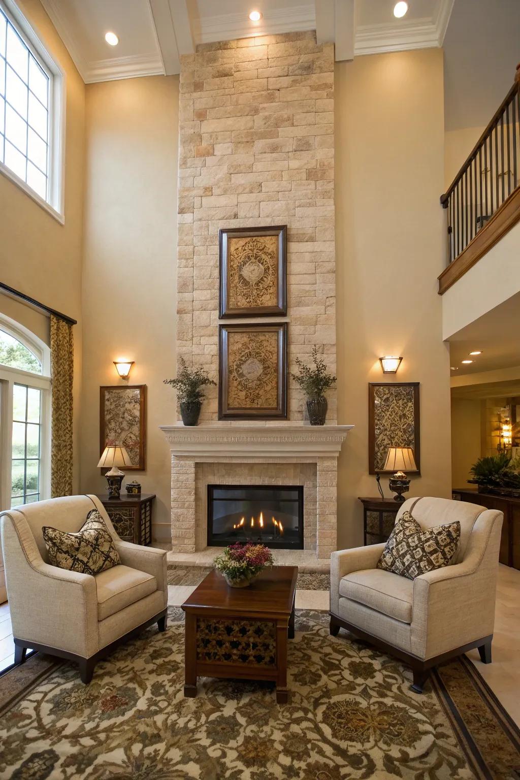 Symmetrical layout highlights the sophistication of an elevated fireplace.
