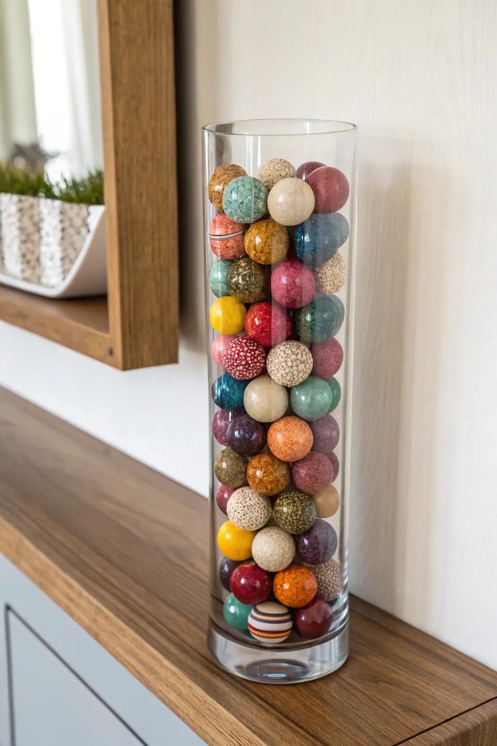 A tall glass vase filled with colorful decorative spheres, adding a playful touch to a minimalist shelf.