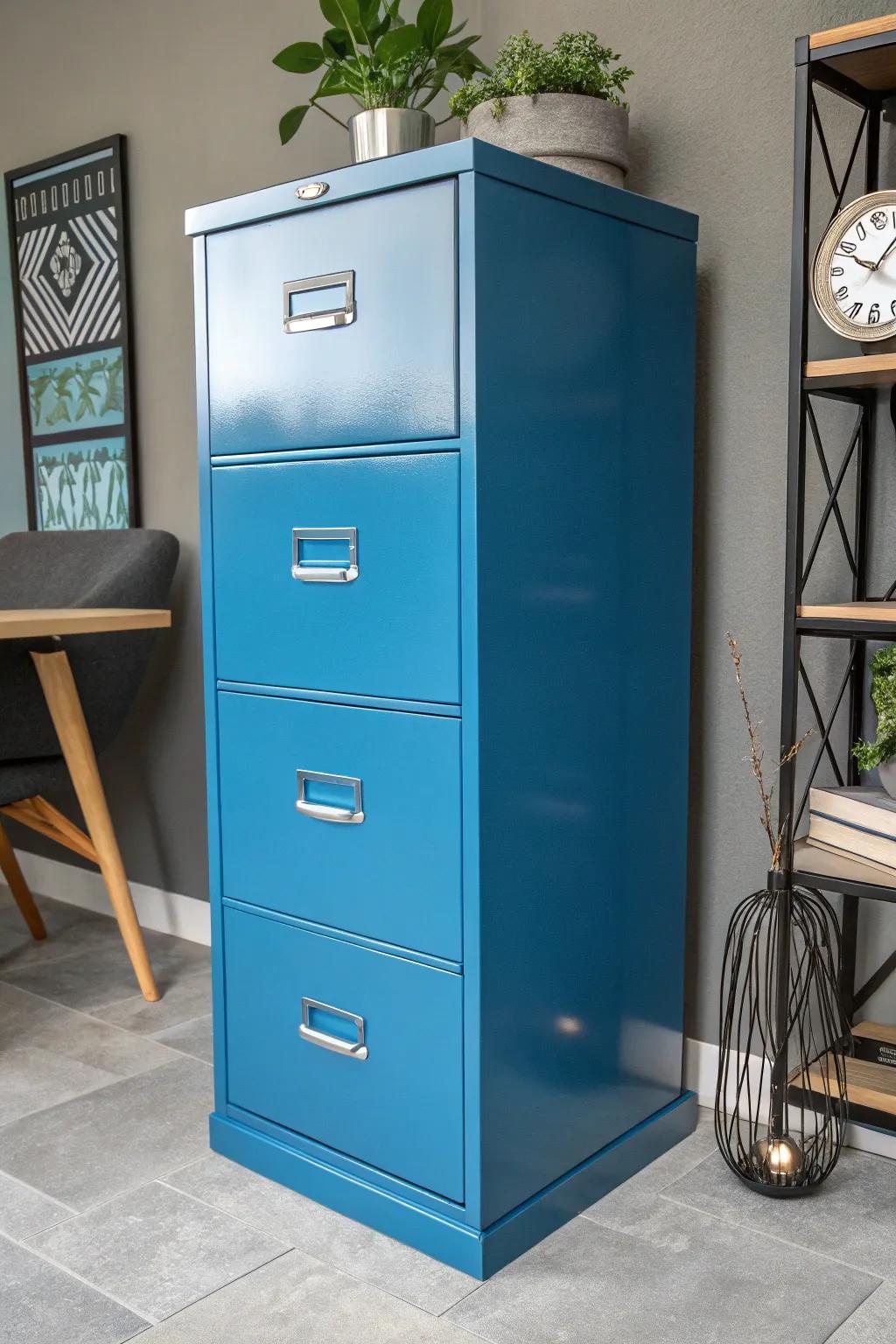 Revitalize your workspace with a vibrant burst of color! This electric blue filing cabinet injects vitality and style into any office setting.