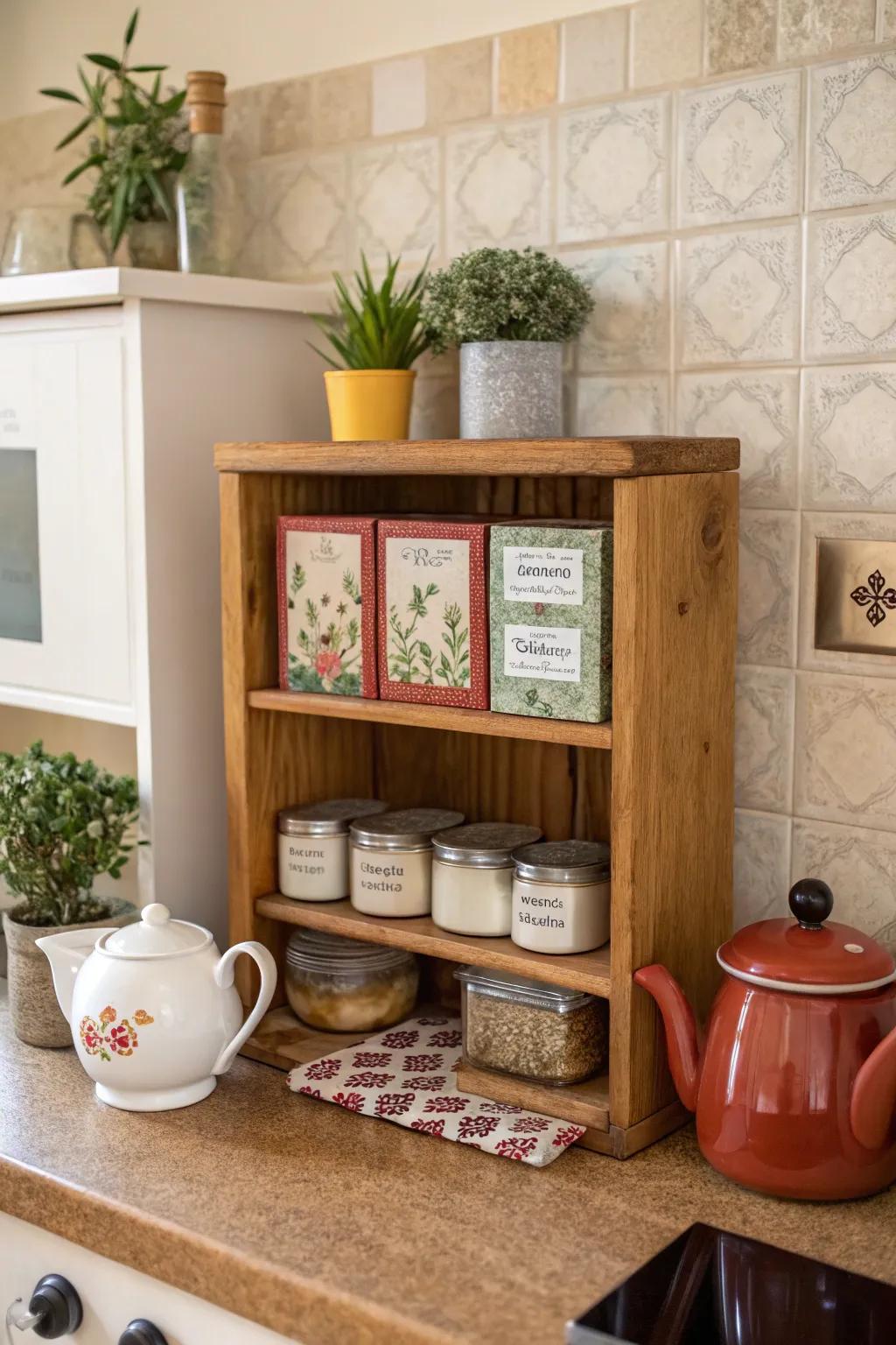 A small shelf dedicated to tea storage and display.