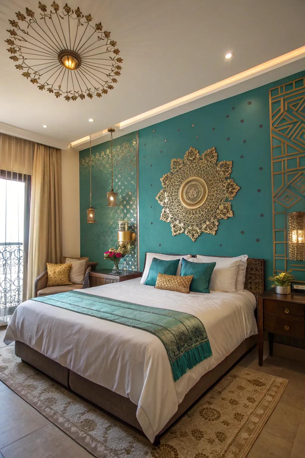 A stunning aqua focused wall makes a striking design choice in this refined bedroom.