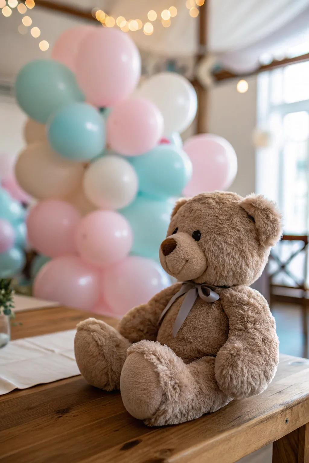 Teddy bear holding pastel balloons creates a whimsical centerpiece.