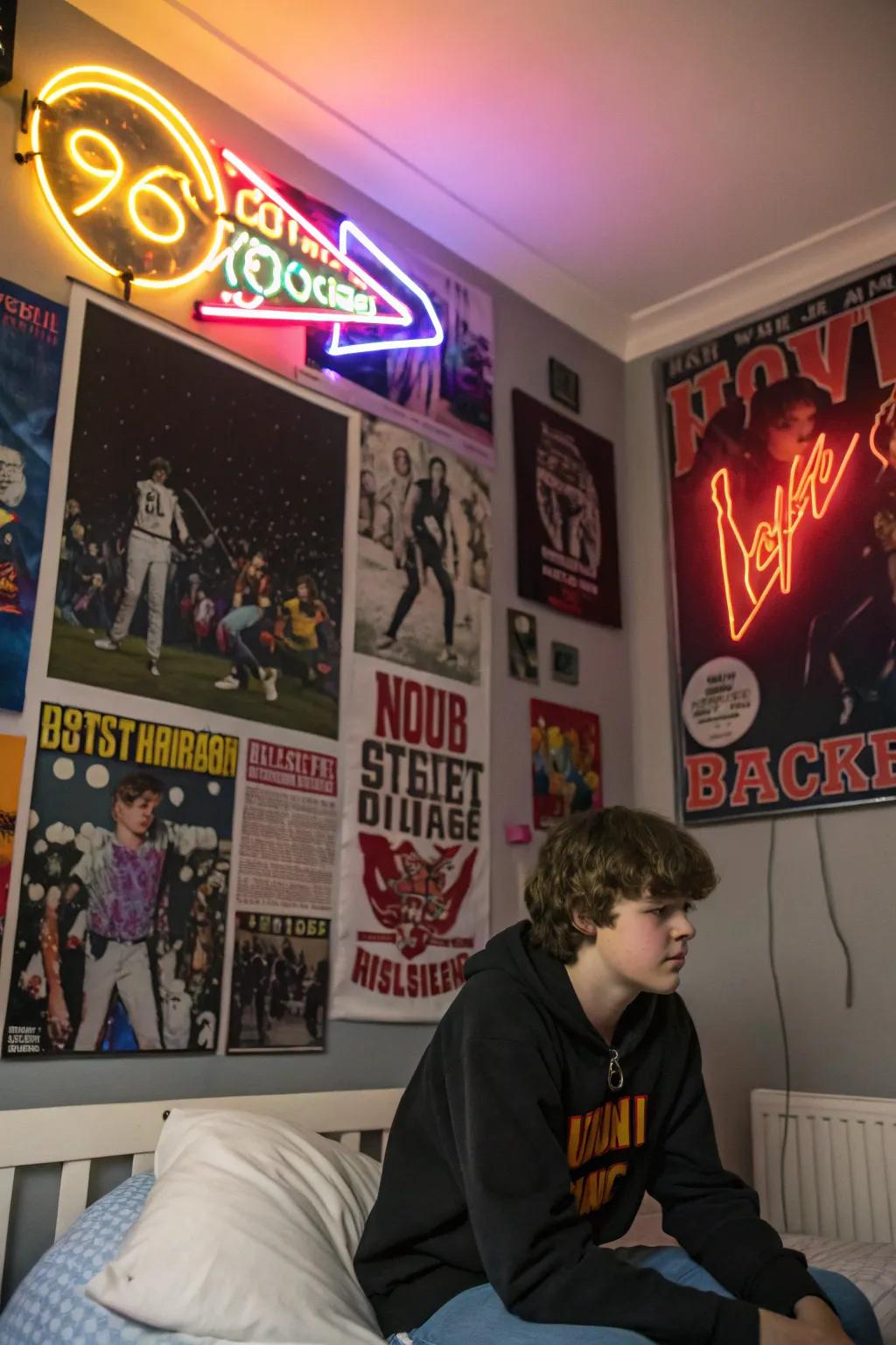 Striking wall decor and neon emblems infuse individuality into any teen's area.