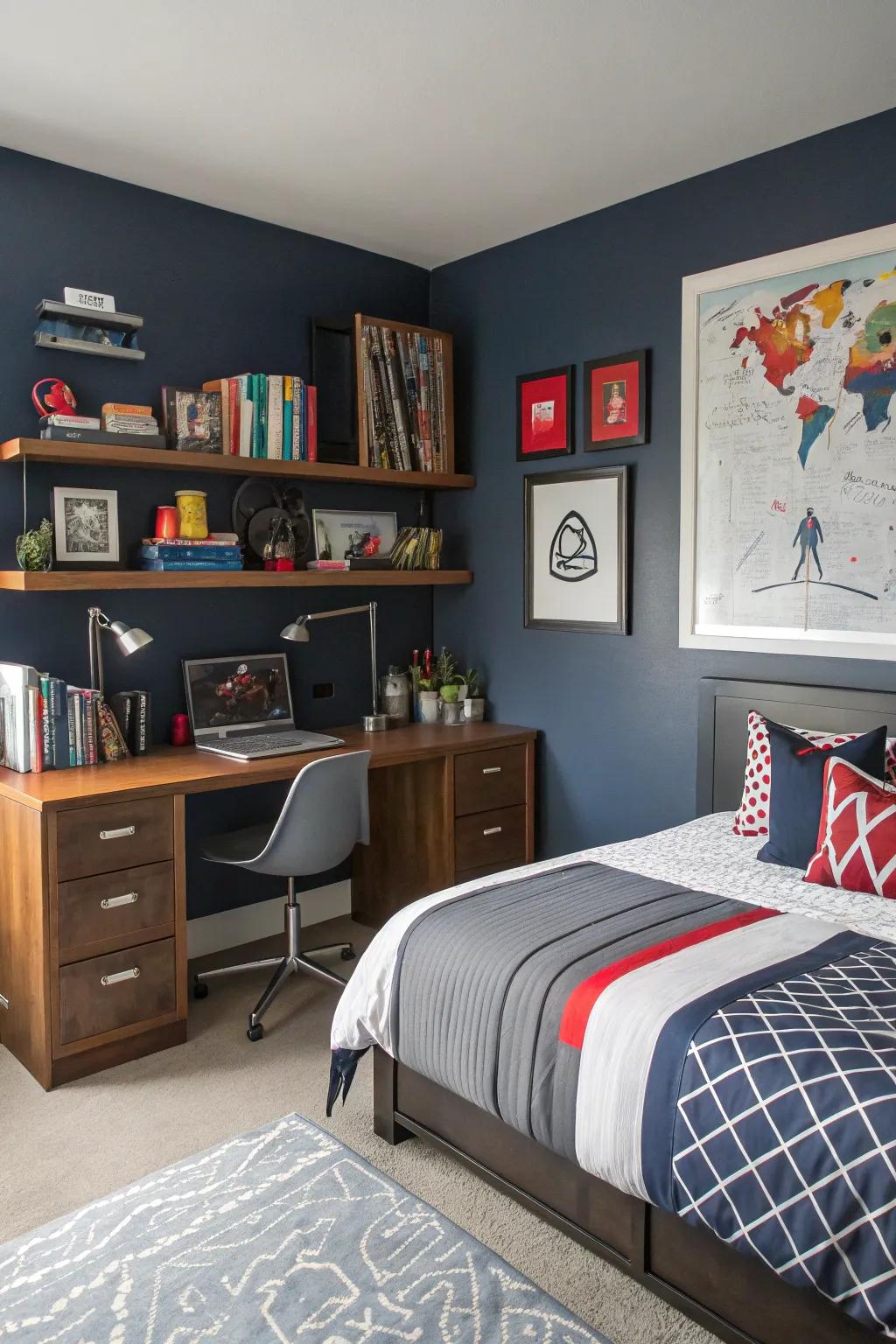 A teen boy's room displaying striking navy walls, which introduce a touch of sophistication and individuality.
