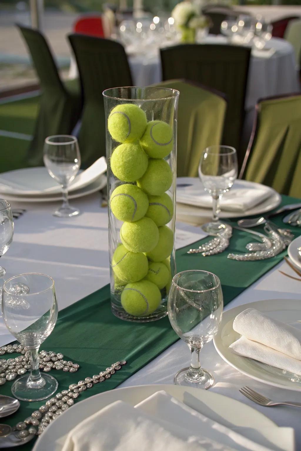 A tennis sphere centerpiece introduces a sporty allure to your setting.