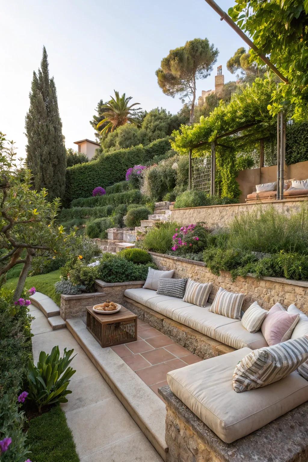 A tiered garden showcasing an inviting seating area with soft pillows, creating a perfect relaxation spot.