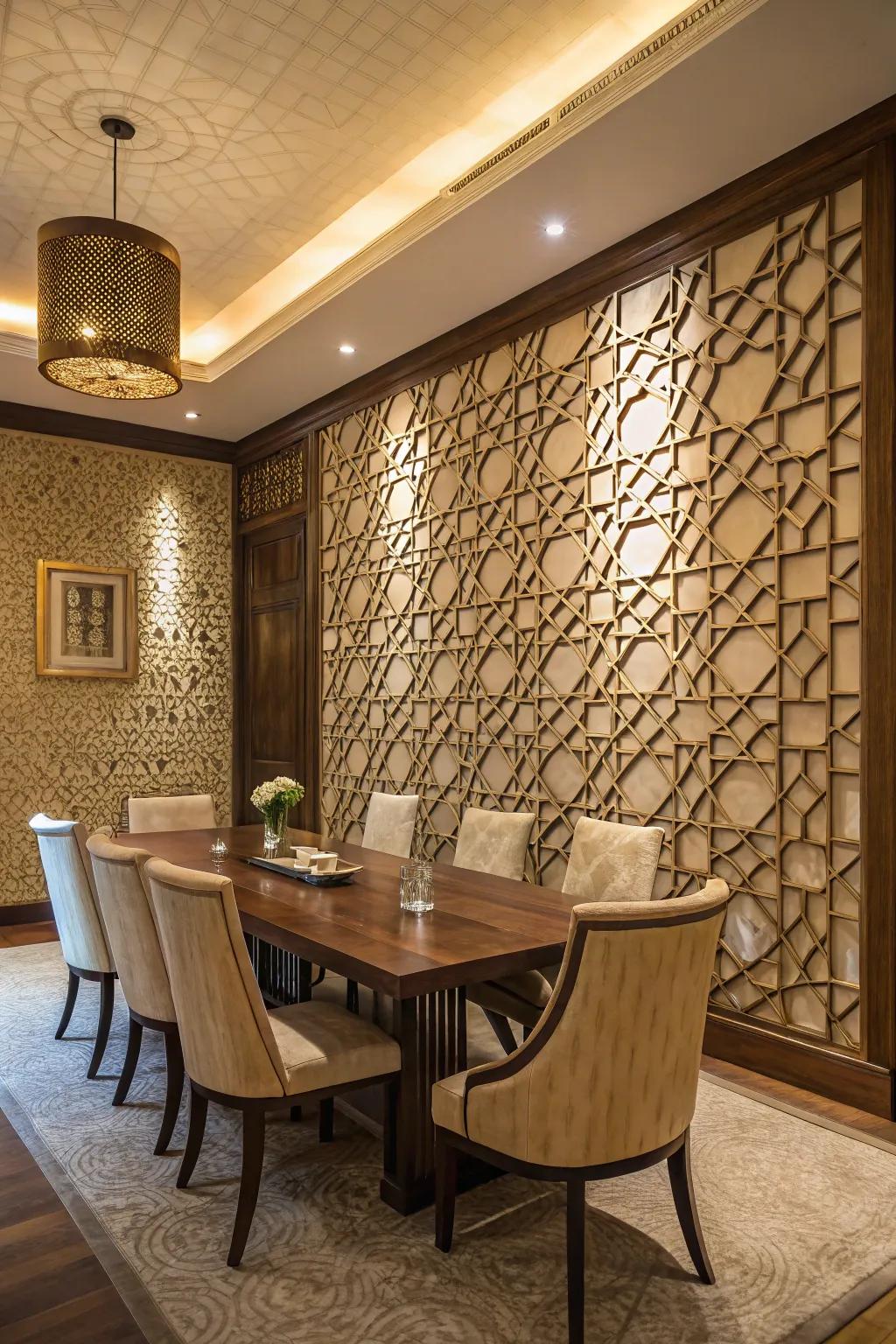 A dining room with a bold geometric pattern textured wall.