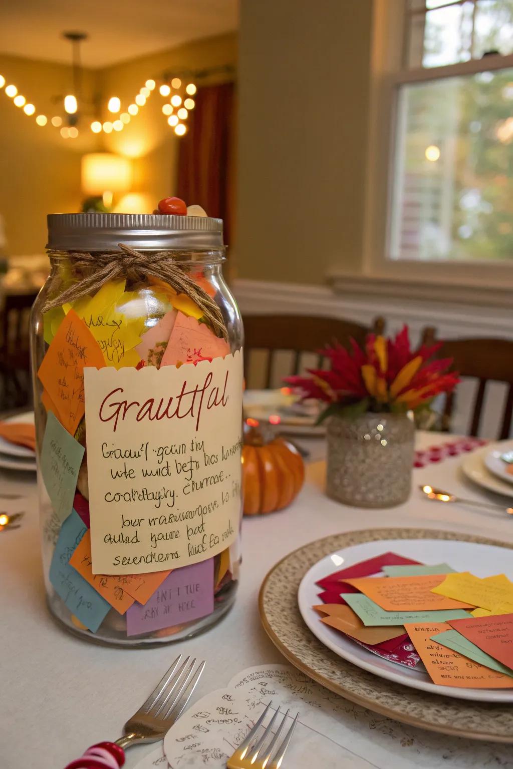 A thankfulness vessel surrounded by vibrant notes, ideal for Thanksgiving reflections.