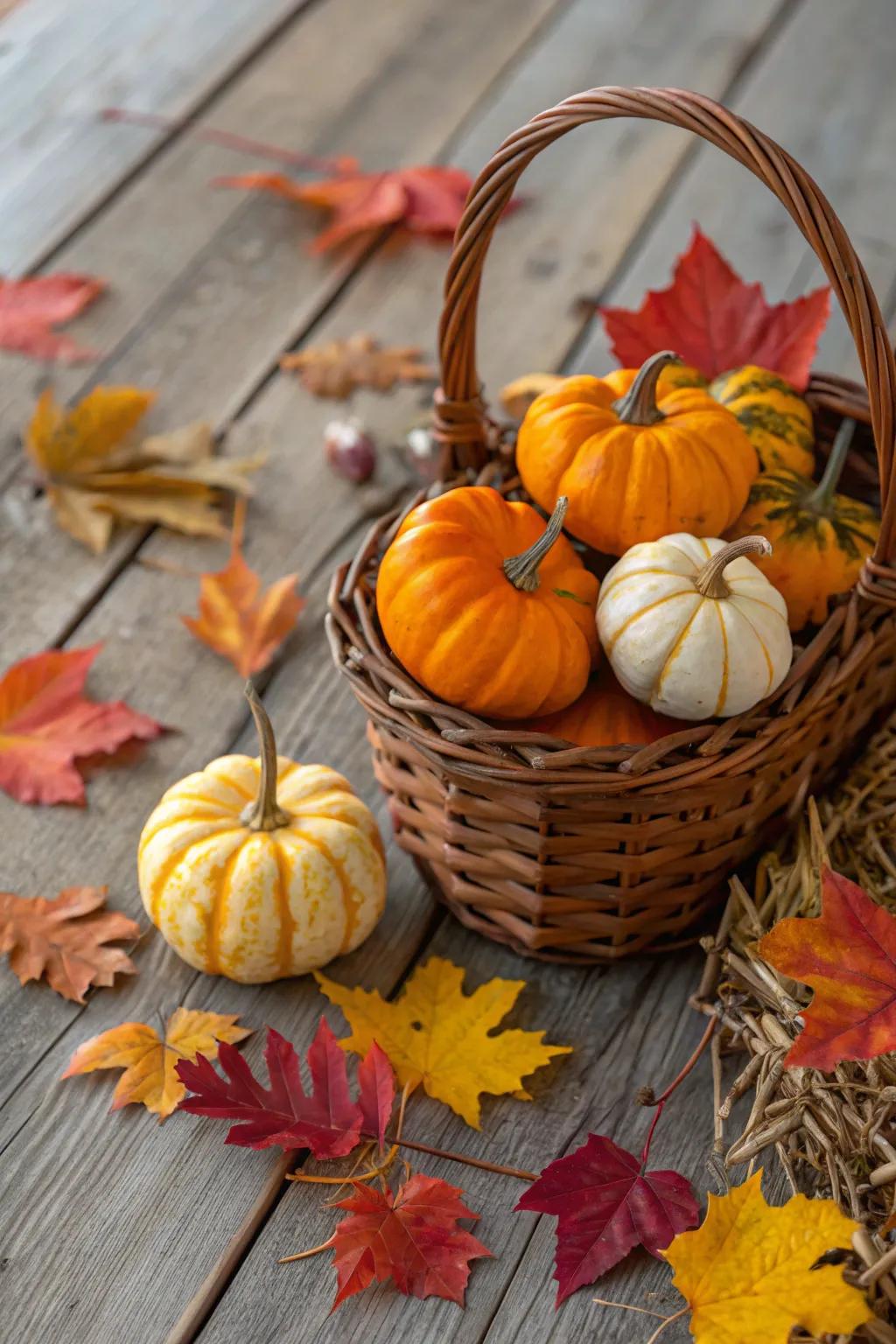 A basket embracing fall&rsquo;s warmth with pumpkins and gourds.