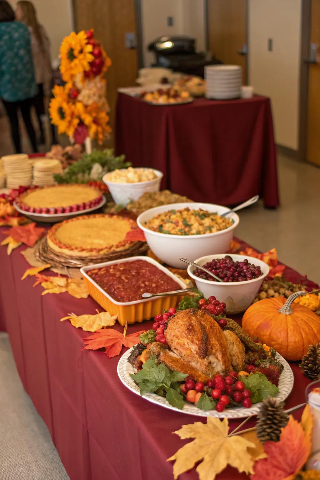 A Thanksgiving buffet dressed in rich autumnal colors.