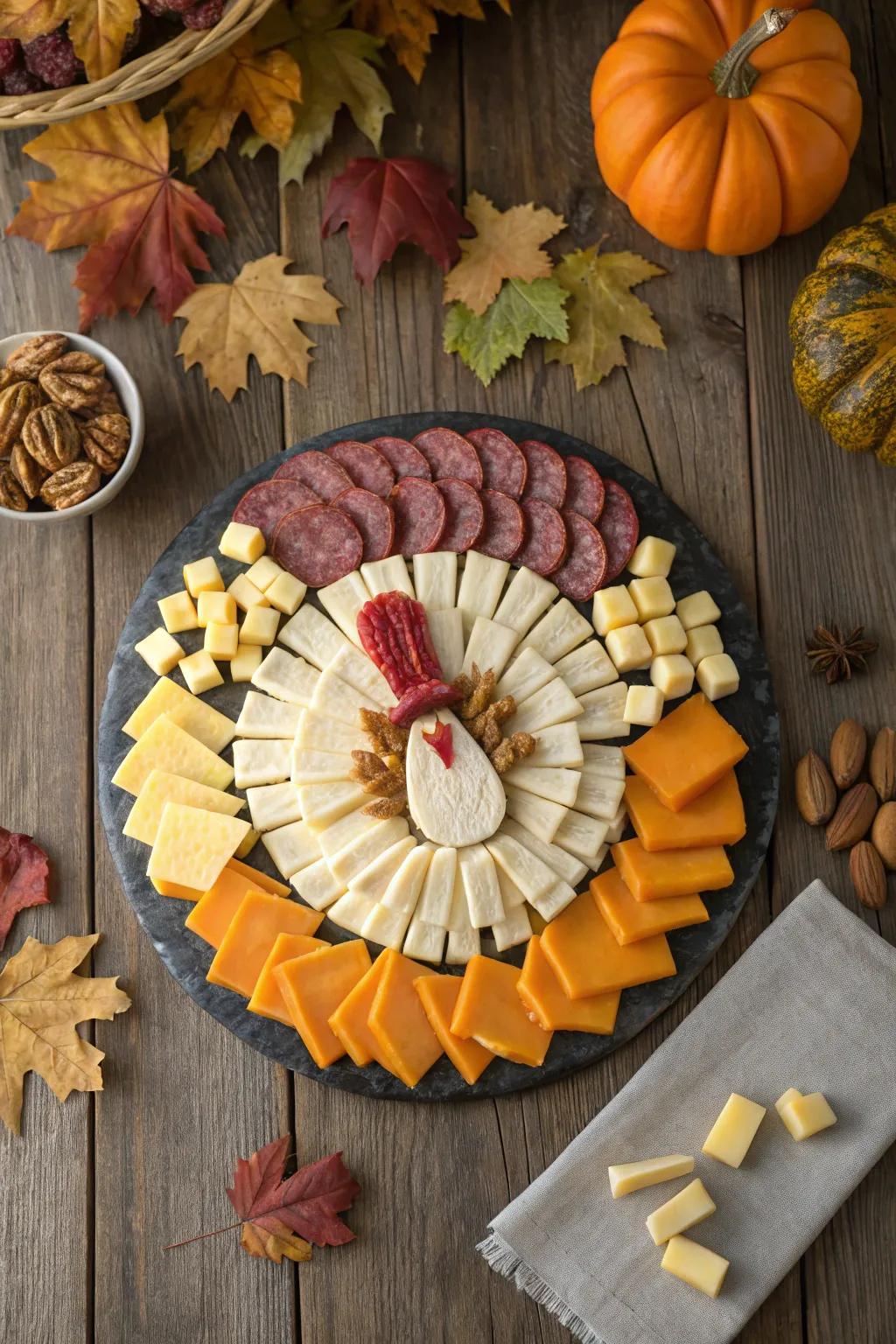 A delightful turkey-shaped cheese platter, ideal for Thanksgiving festivities.