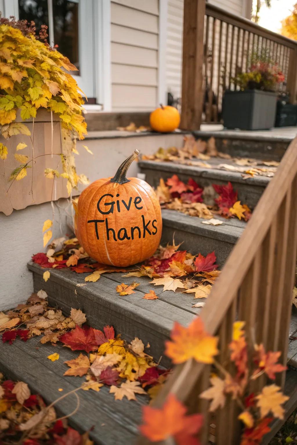 A pumpkin carved with a sincere Thanksgiving message.