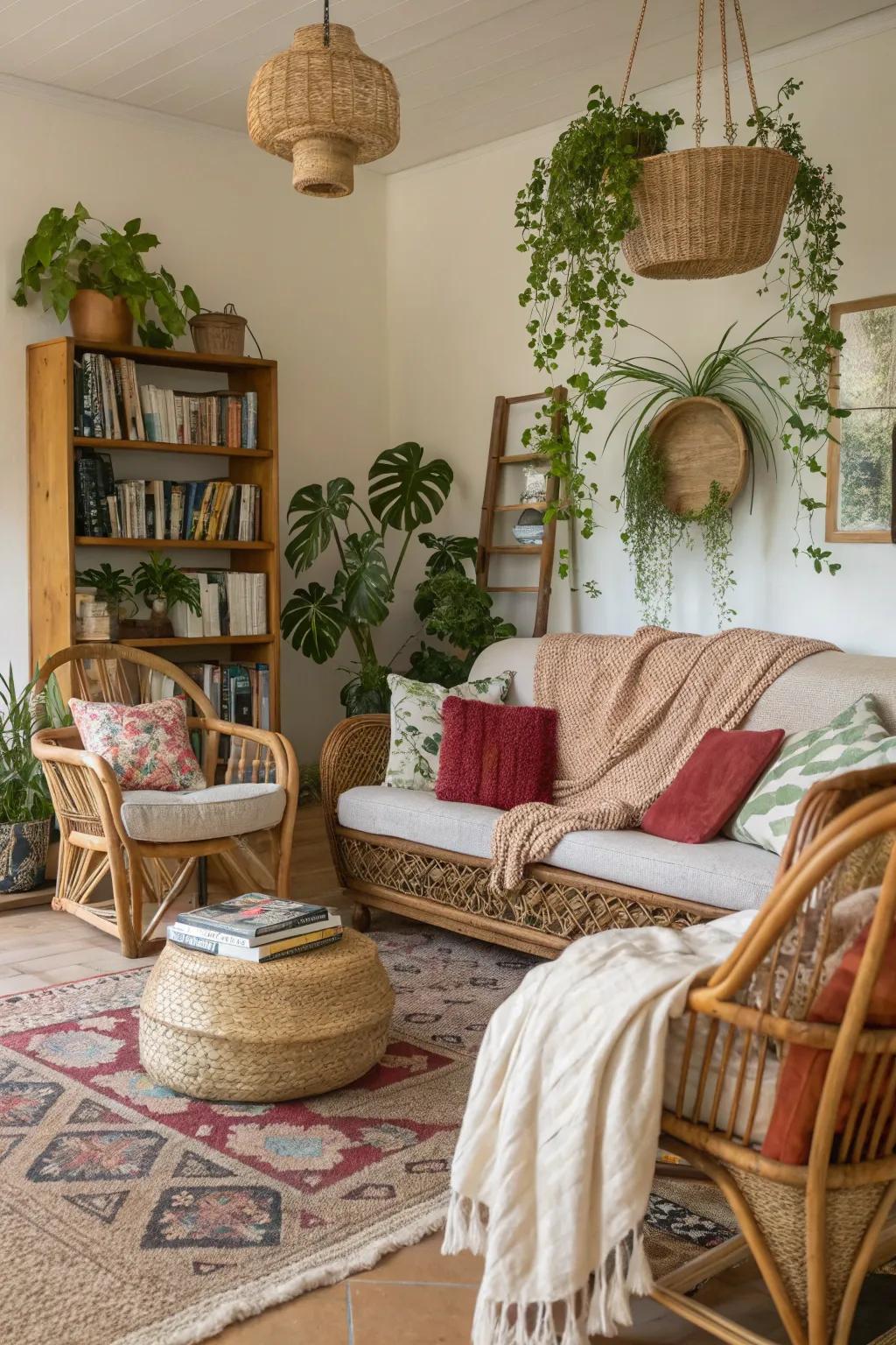 A bohemian-style living room featuring rich textiles and organic touches.