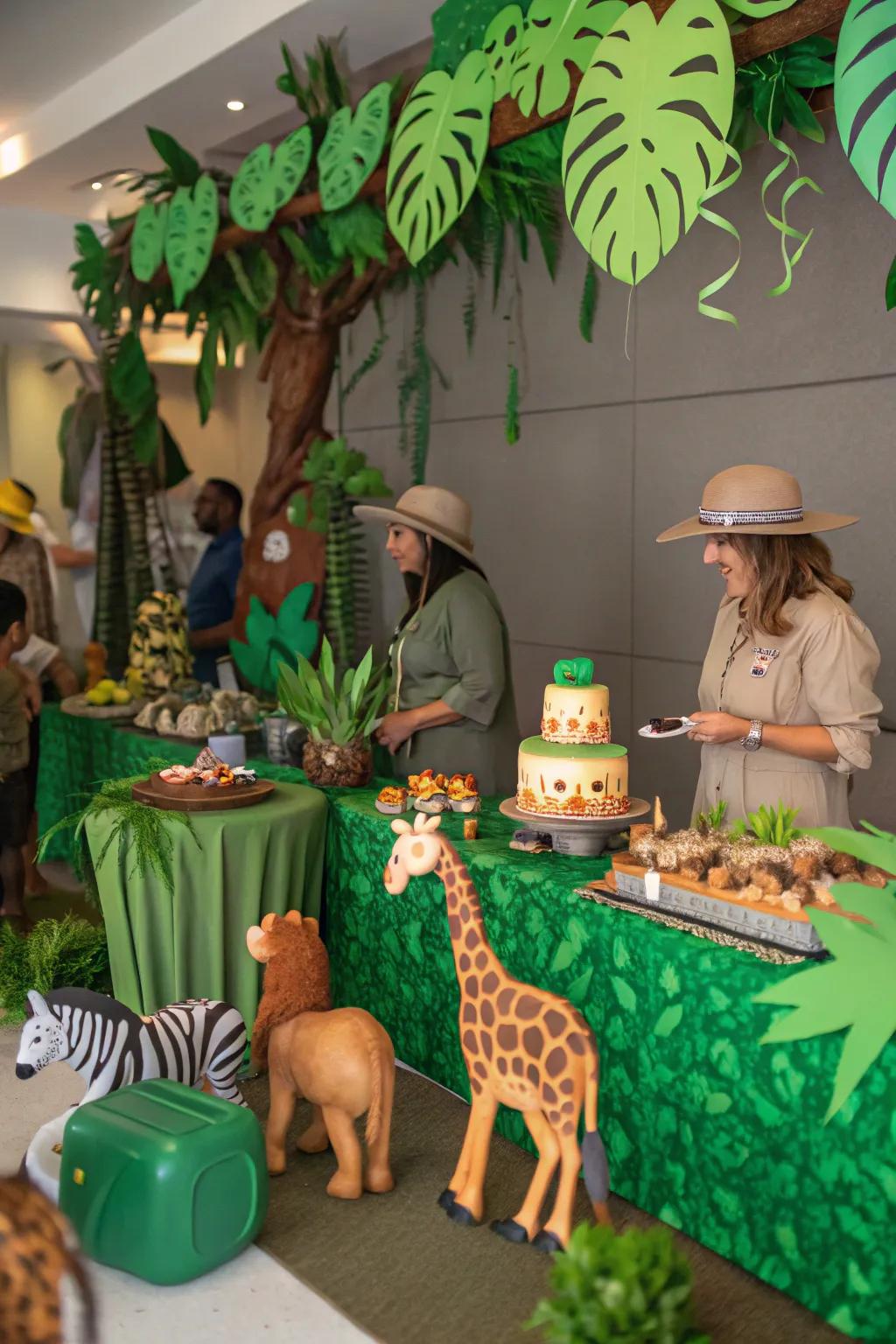A lively jungle safari theme enhanced with colorful animal decorations.