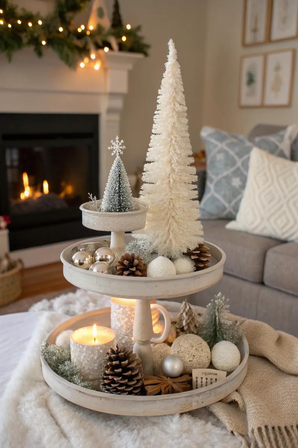 A beautifully styled winter-themed tiered tray bringing warmth to the living room.