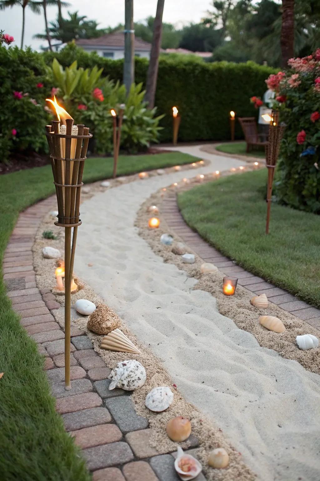 Fashion a coastal-inspired path using <strong><em>tiki torches</em></strong> and shells.” loading=”lazy” class=”pimg”>
	</picture><figcaption>Fashion a coastal-inspired path using <strong><em>tiki torches</em></strong> and shells.</figcaption></figure>
<p>Lead your visitors down a captivating garden path illuminated by <strong><em>tiki torches</em></strong>, guiding them toward your backyard paradise. To amplify the coastal atmosphere, I enjoy scattering seashells and sand around the base, evoking a true beach-like sensation.</p>
<h3>Possibly handy products:</h3>
<ul class=