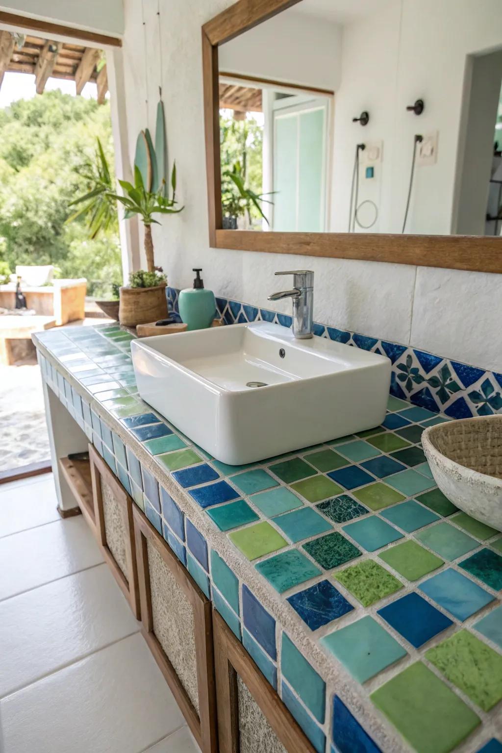 A playful splash of vibrancy with lively blue and green tiles.