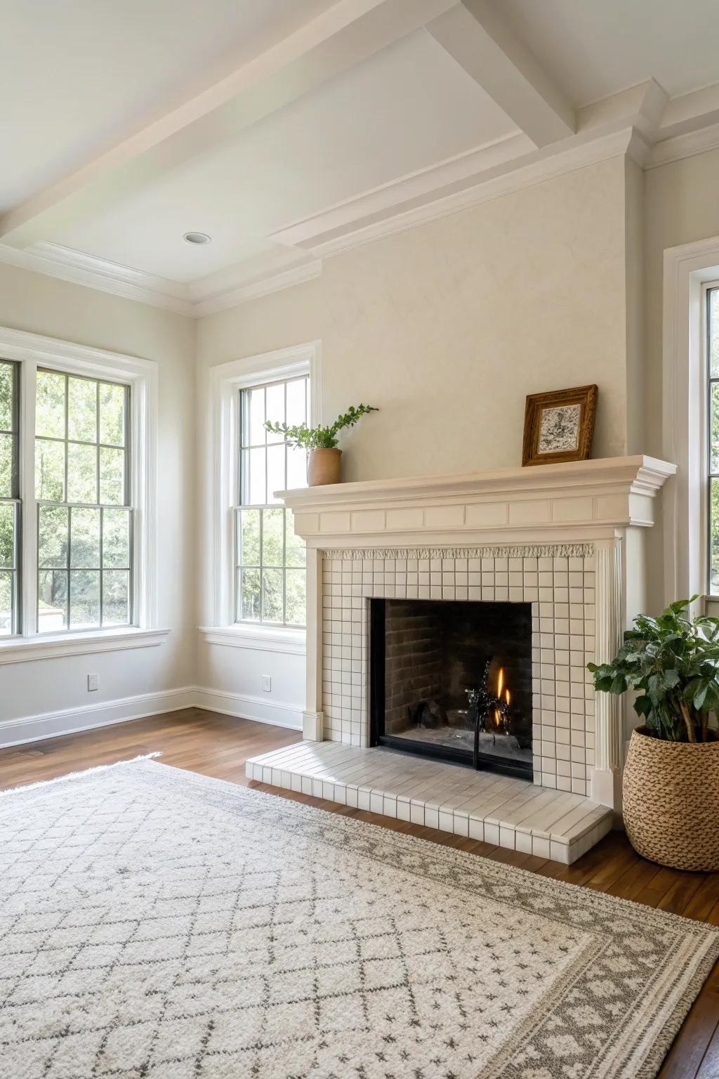 A minimalist fireplace featuring sharp lines and muted tones establishes a serene ambiance.
