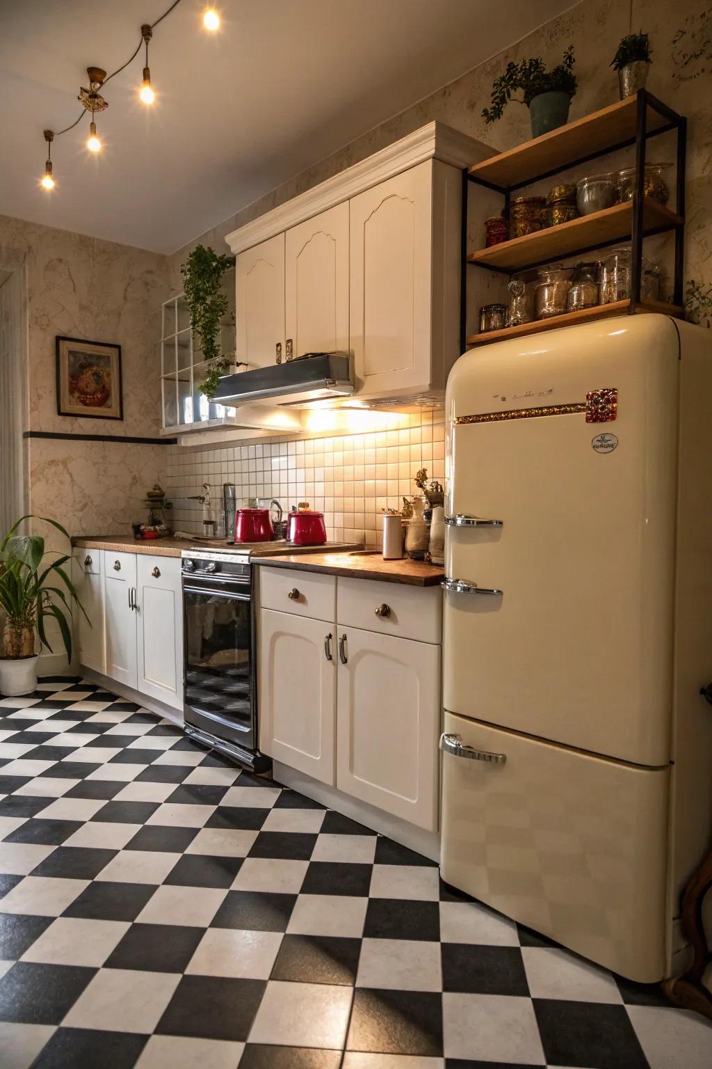 A checkerboard tile floor adds a touch of vintage flair to this charming kitchen.