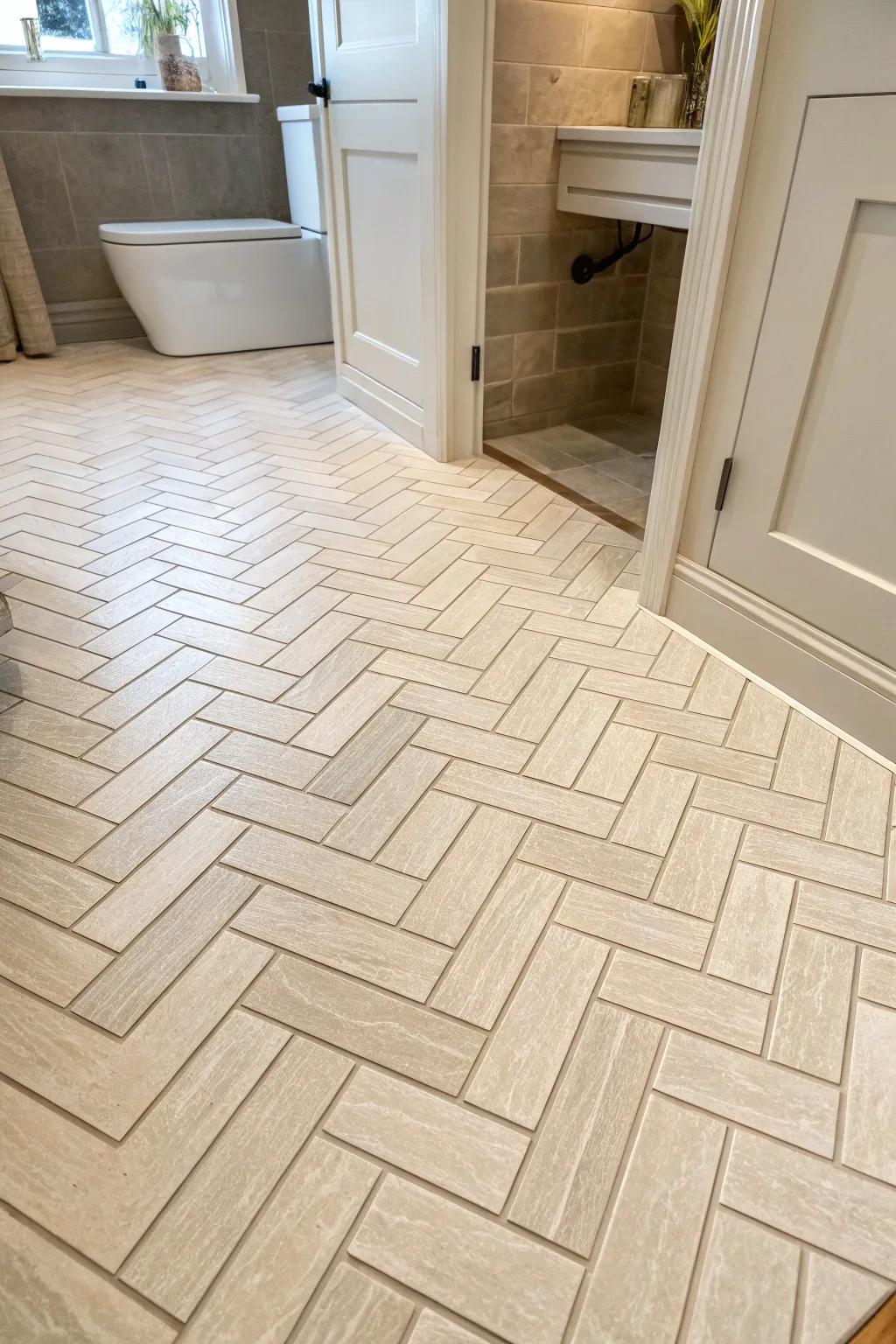 A classic herringbone pattern brings timeless elegance to this bathroom floor.