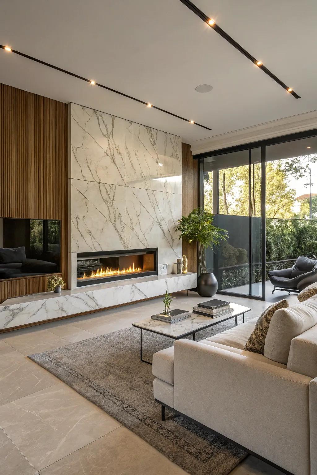 Sleek marble cladding crafts a contemporary centerpiece in this fashionable living space.
