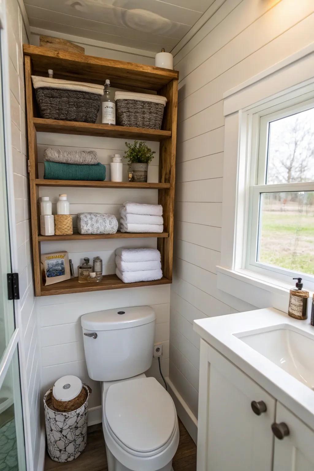 Vertical storage turns every inch into functional space in this tiny bathroom.