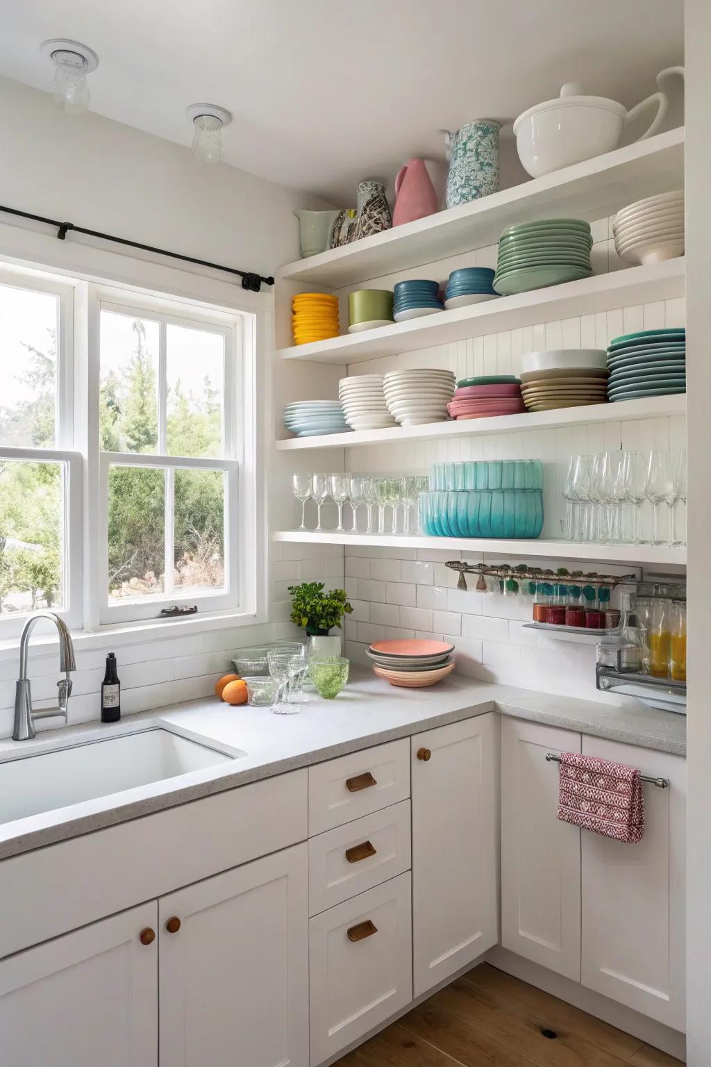 Visible shelving infuses an airy feel and sophistication into a small kitchen.