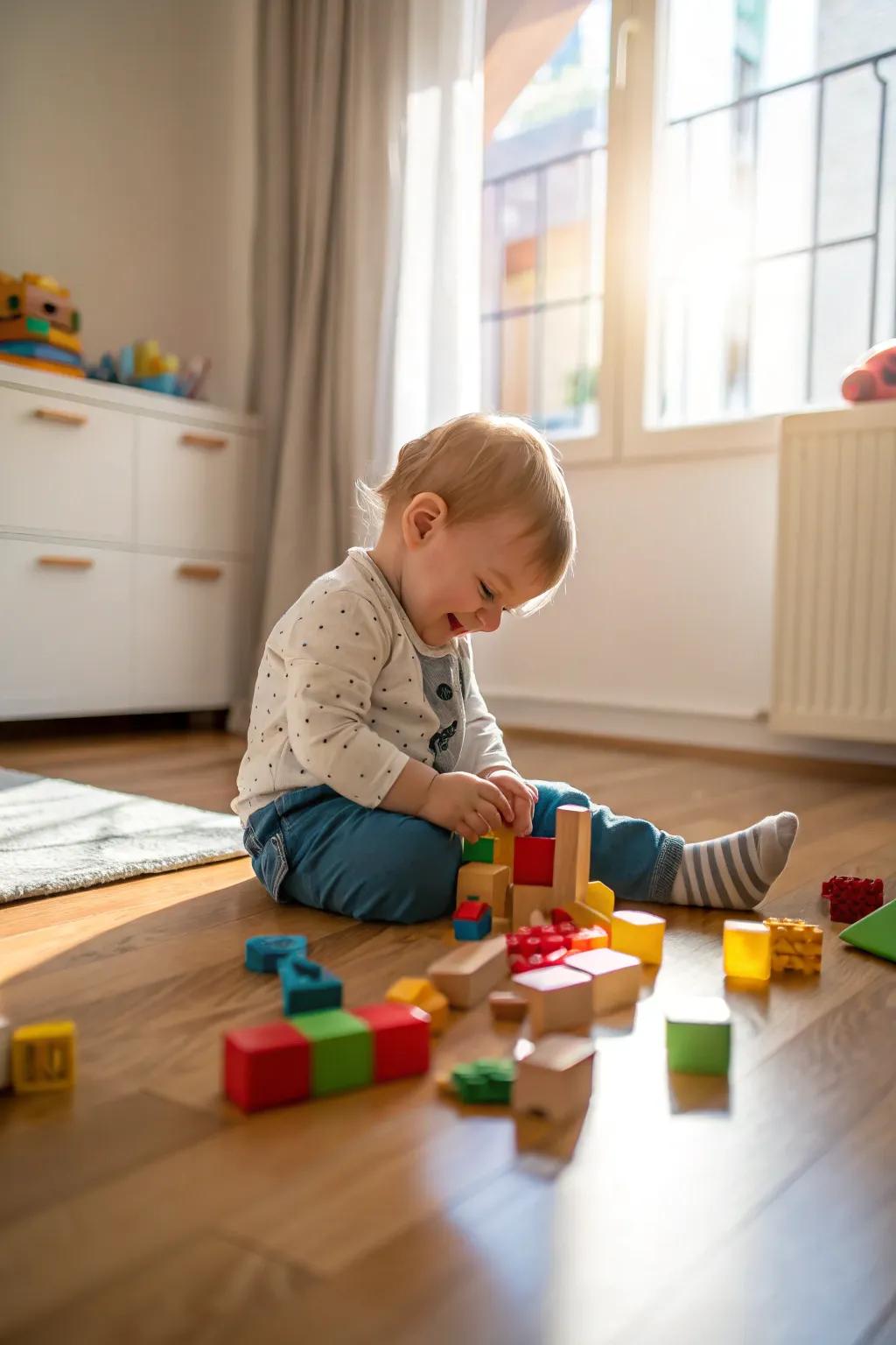 A toddler engrossed in stacking vibrant building blocks, sparking creativity and fun.