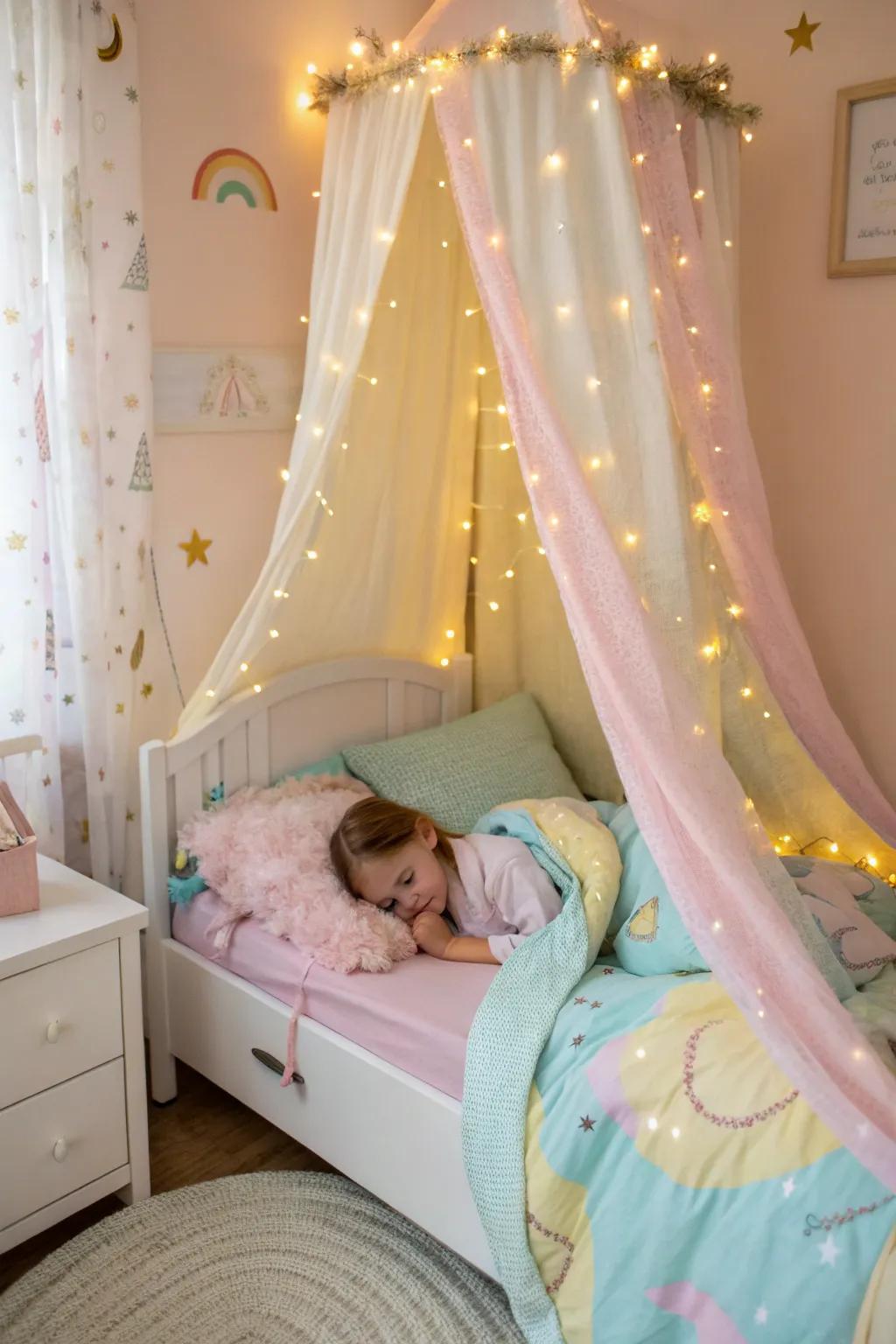 A dreamy canopy bed aglow with fairy lights crafts an ideal magical retreat for your toddler.