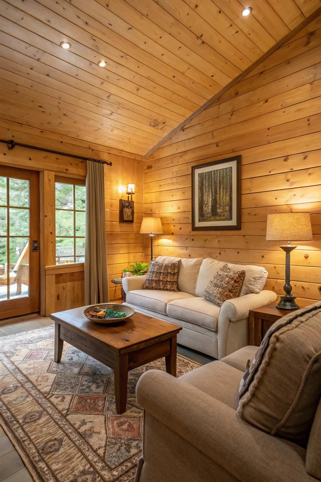 A living room displaying the enchanting appeal of natural wood interlocking plank walls.