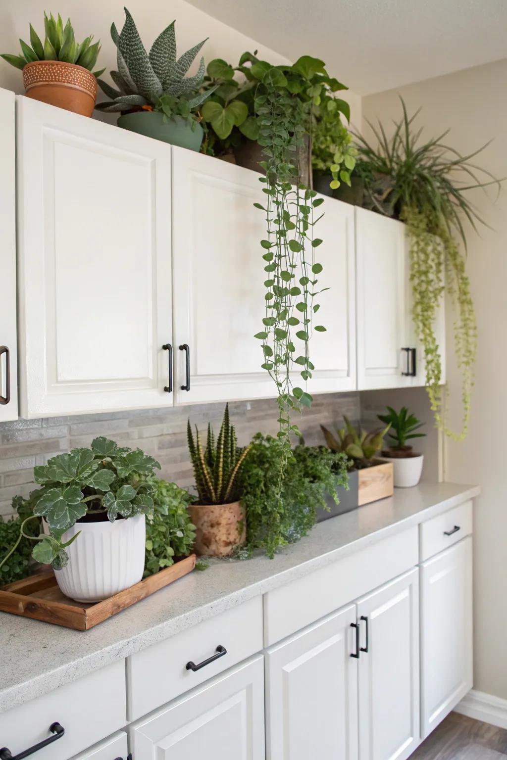 Breathe life into your kitchen with the exuberance of greenery atop your cabinets.