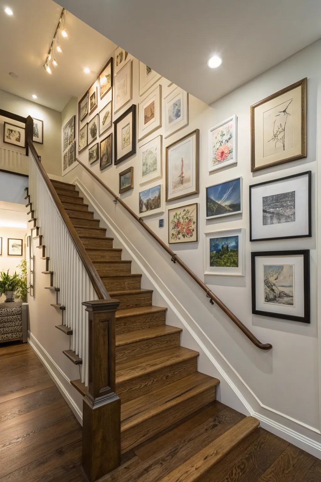 A gallery wall infuses the stair top with character.