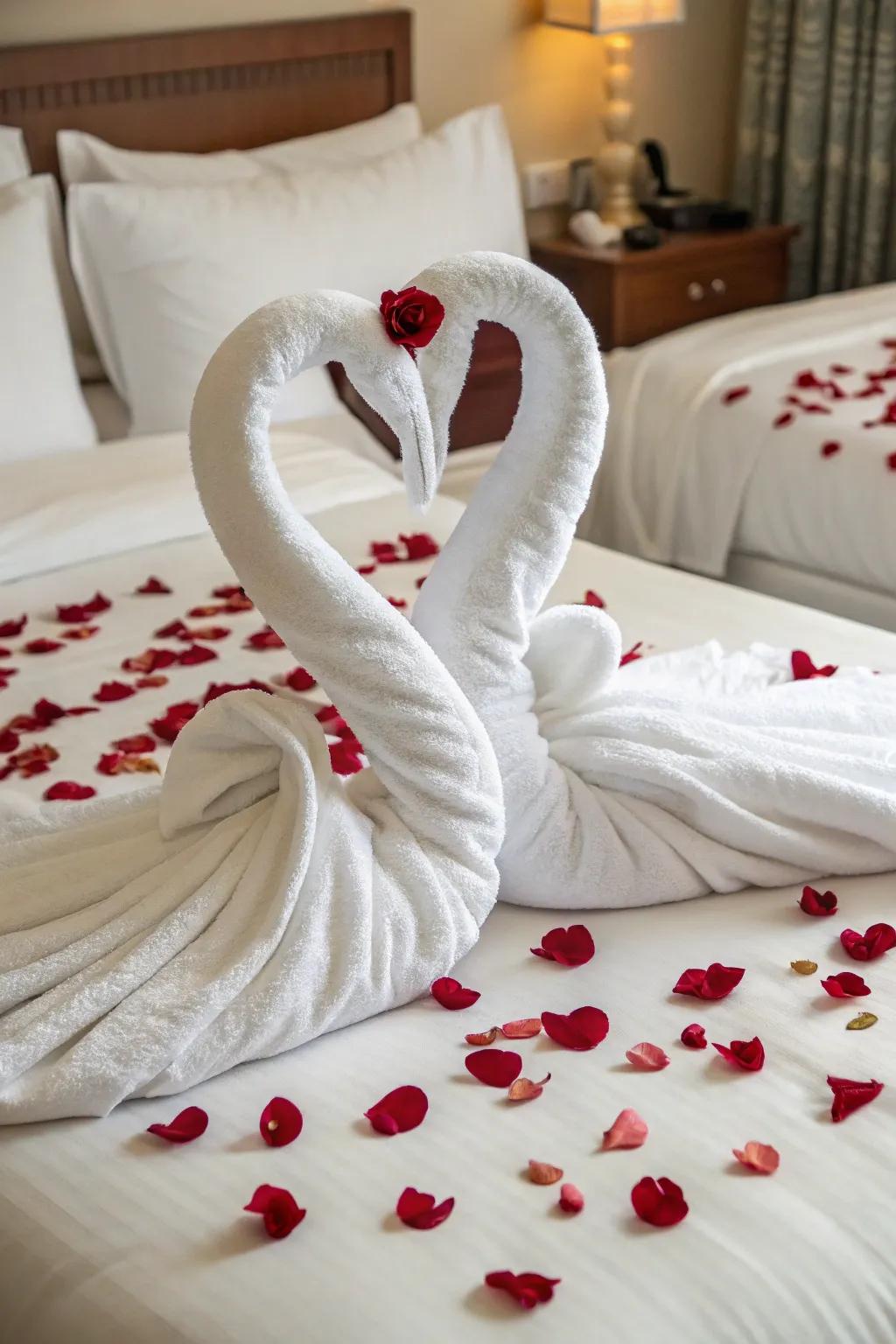 Evoke feelings of affection using folded towels shaped like swans.