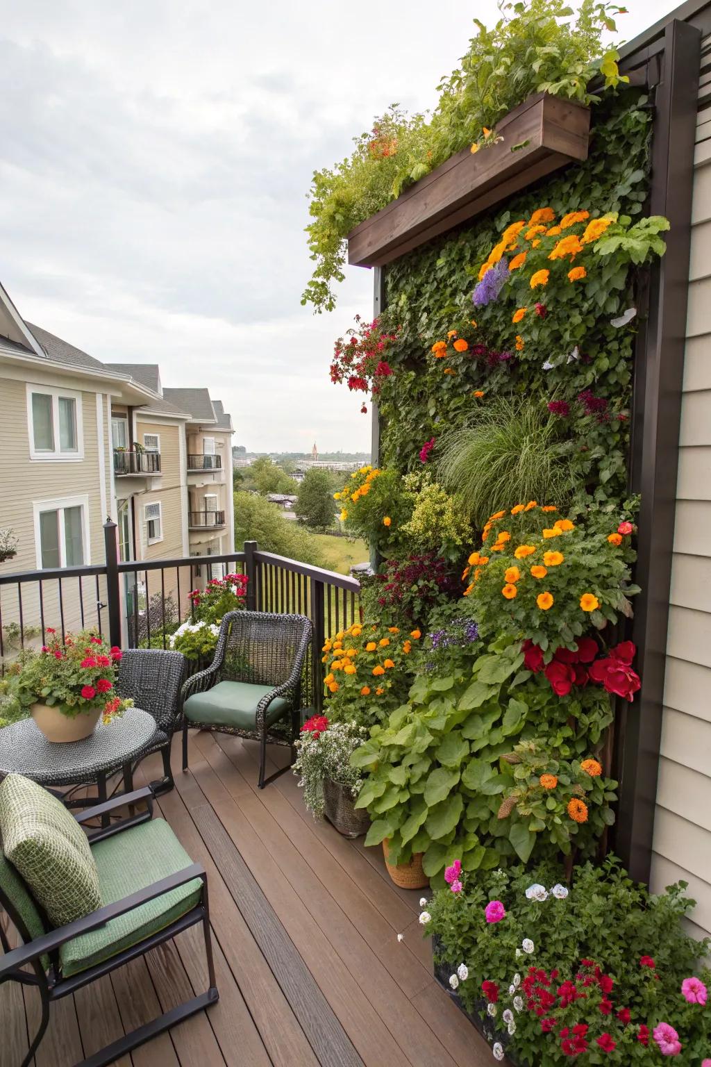A vertical garden transforms any deck wall into a vibrant, living artwork.
