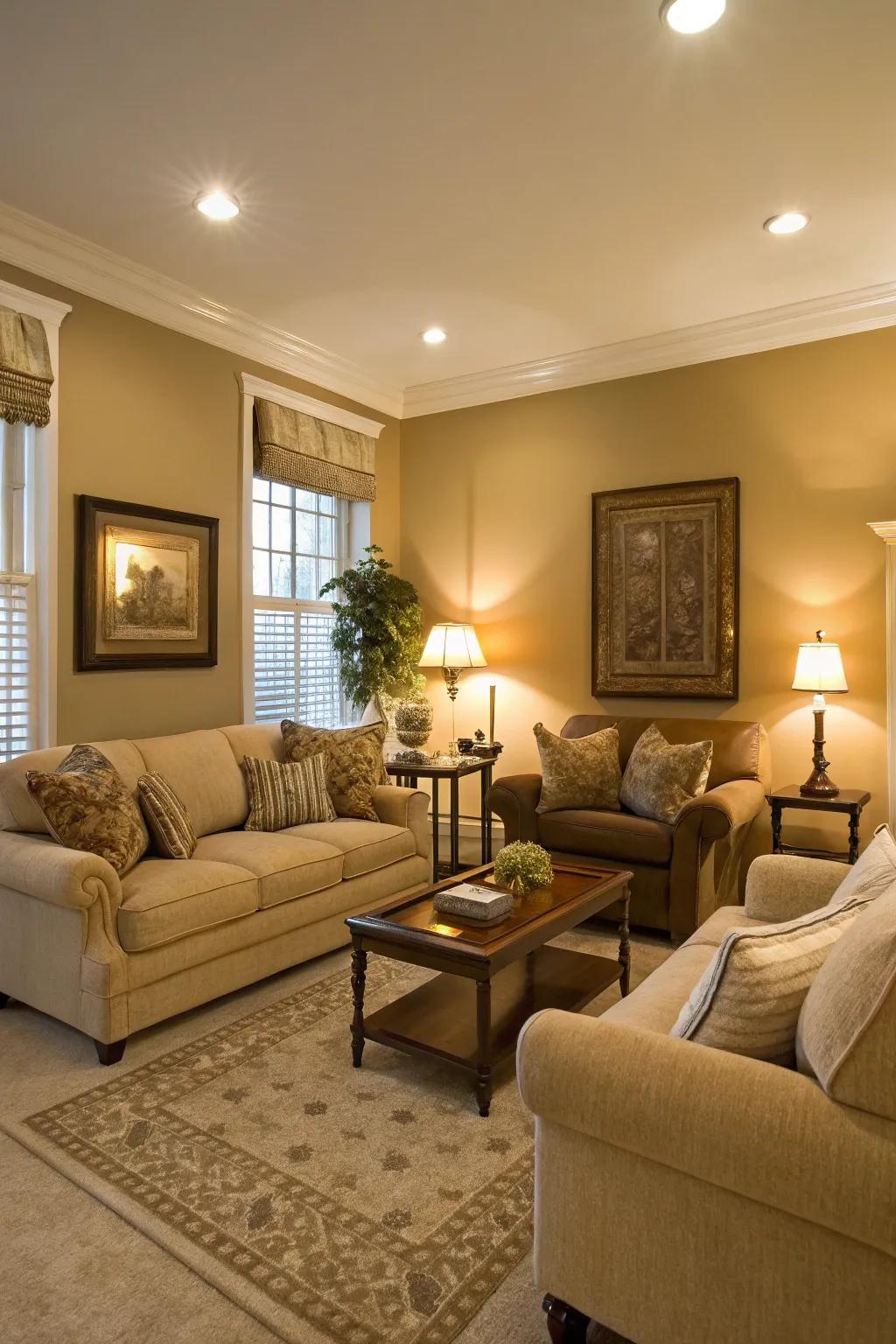A townhouse lounge bathed in toasty neutral shades, perfect for feeling snug.