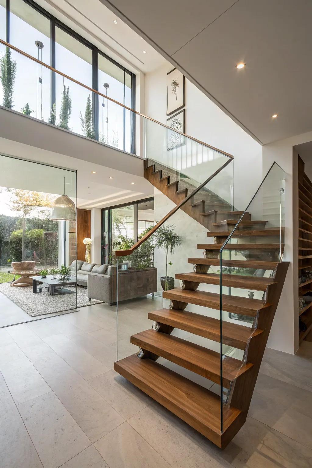 Weightless wood stairs paired with glass panels present a polished, airy design.