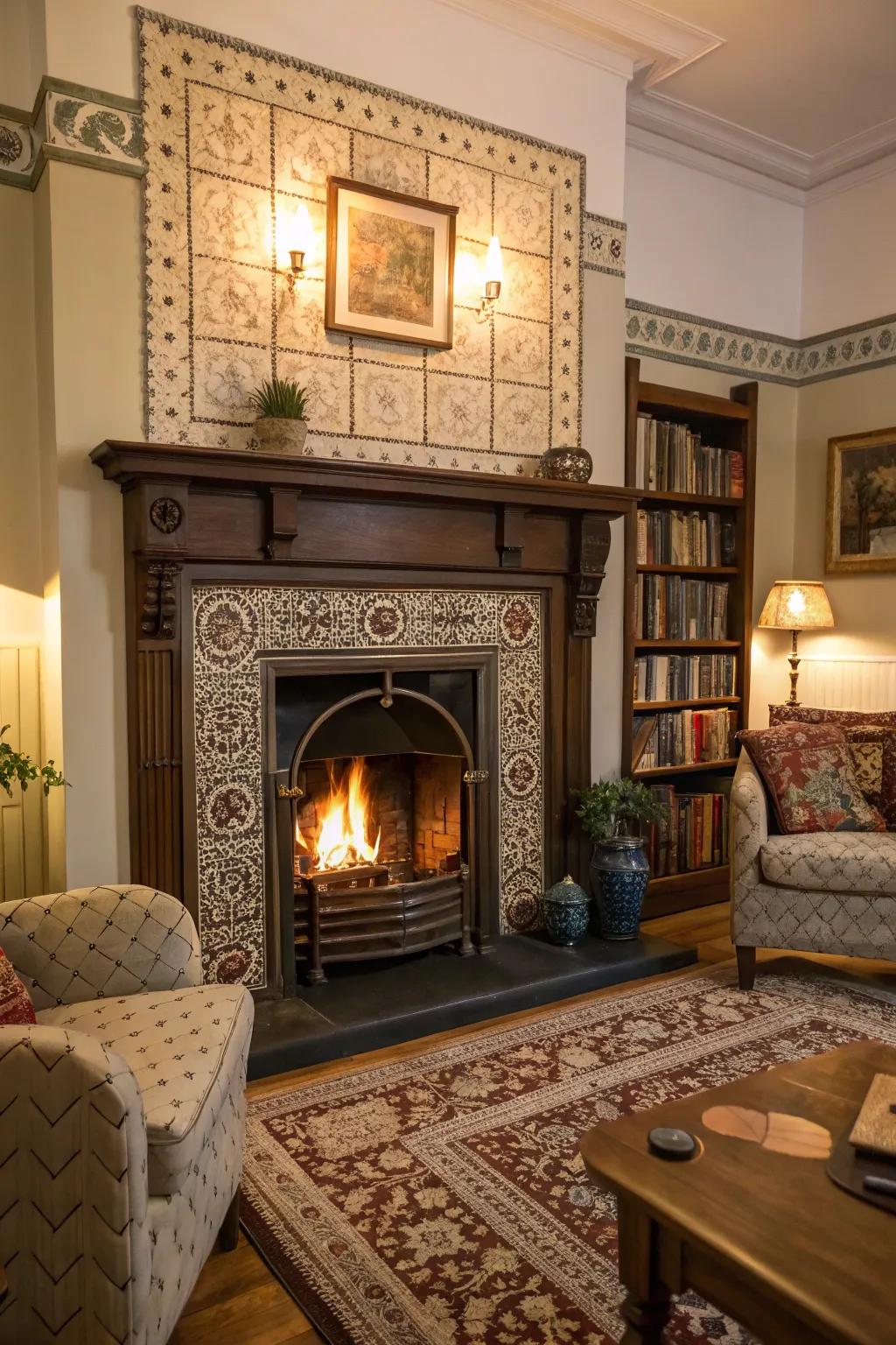 A traditional fireplace enhanced with elegant Heritage tiles.