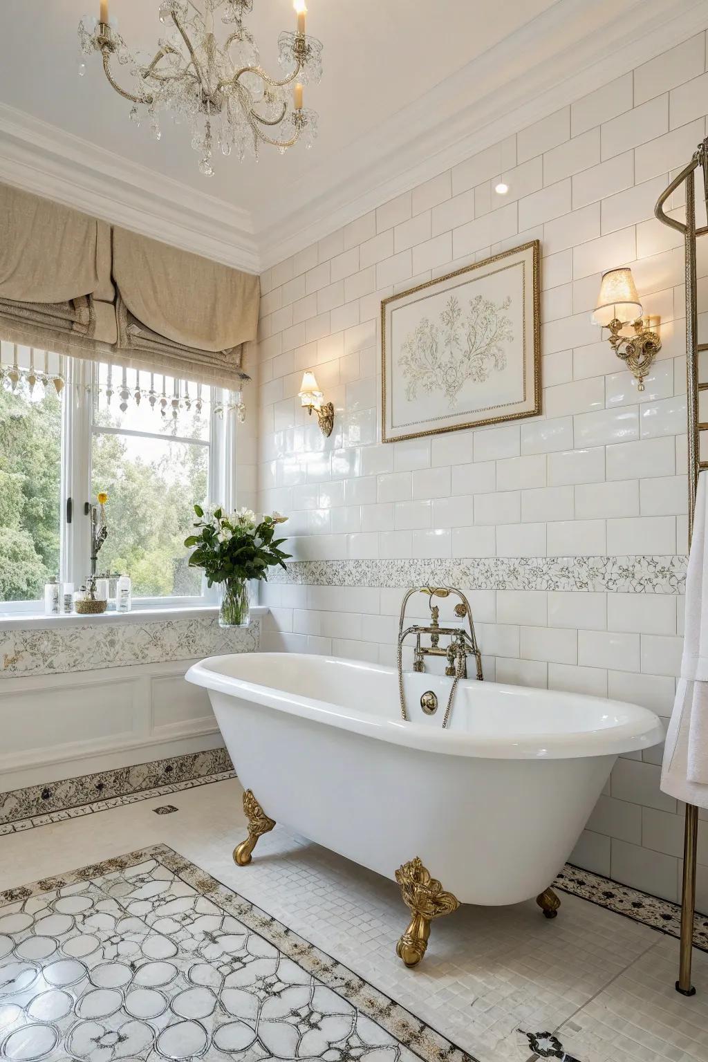 A chic white bathroom showcasing a standalone clawfoot bathtub as the focal point.