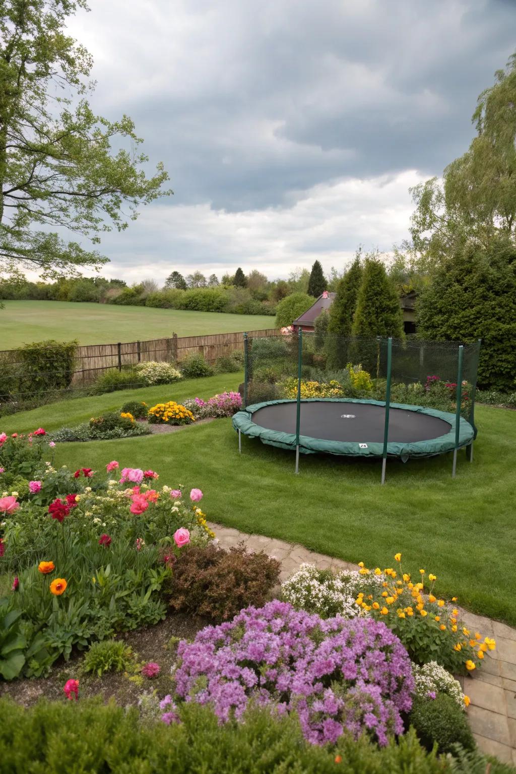 An in-ground bounce platform seamlessly becoming one with the garden's landscape.