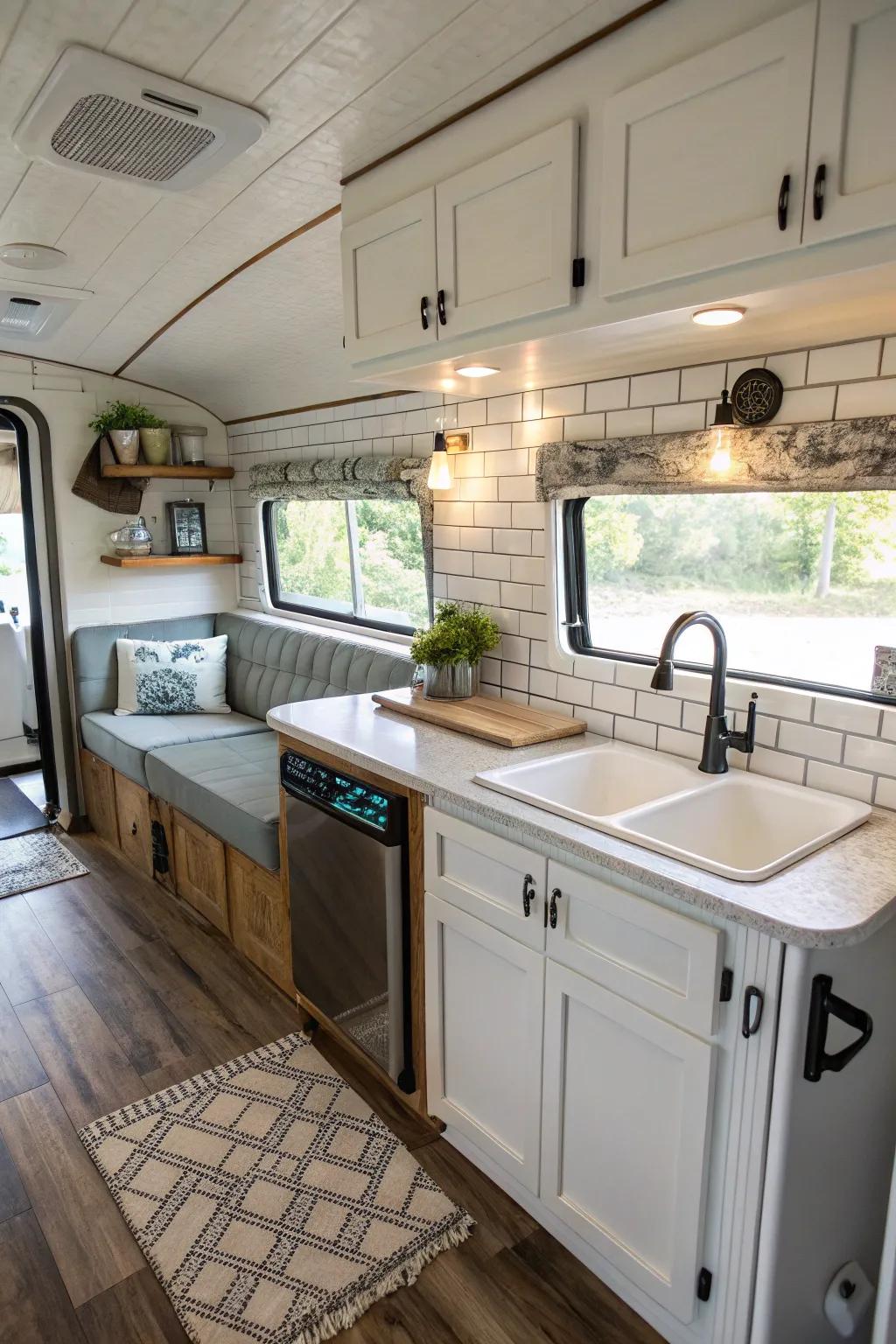 Classic white squares add a clean and timeless look to your RV kitchen.