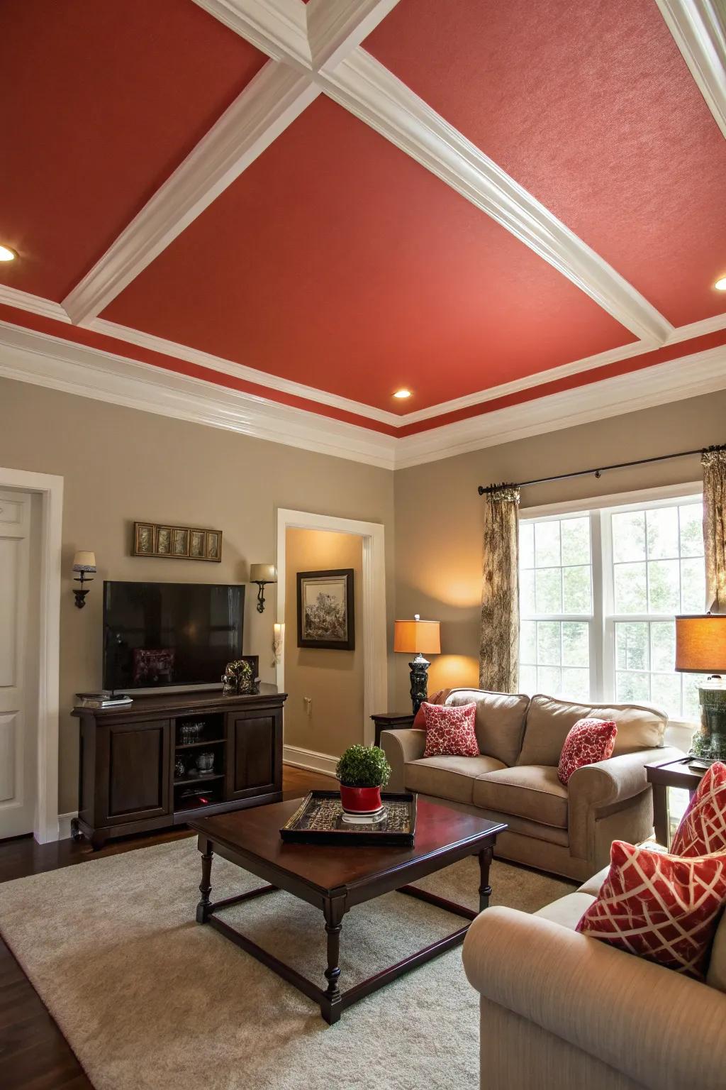A living space featuring a strongly painted tray ceiling for an eye-catching contrast.
