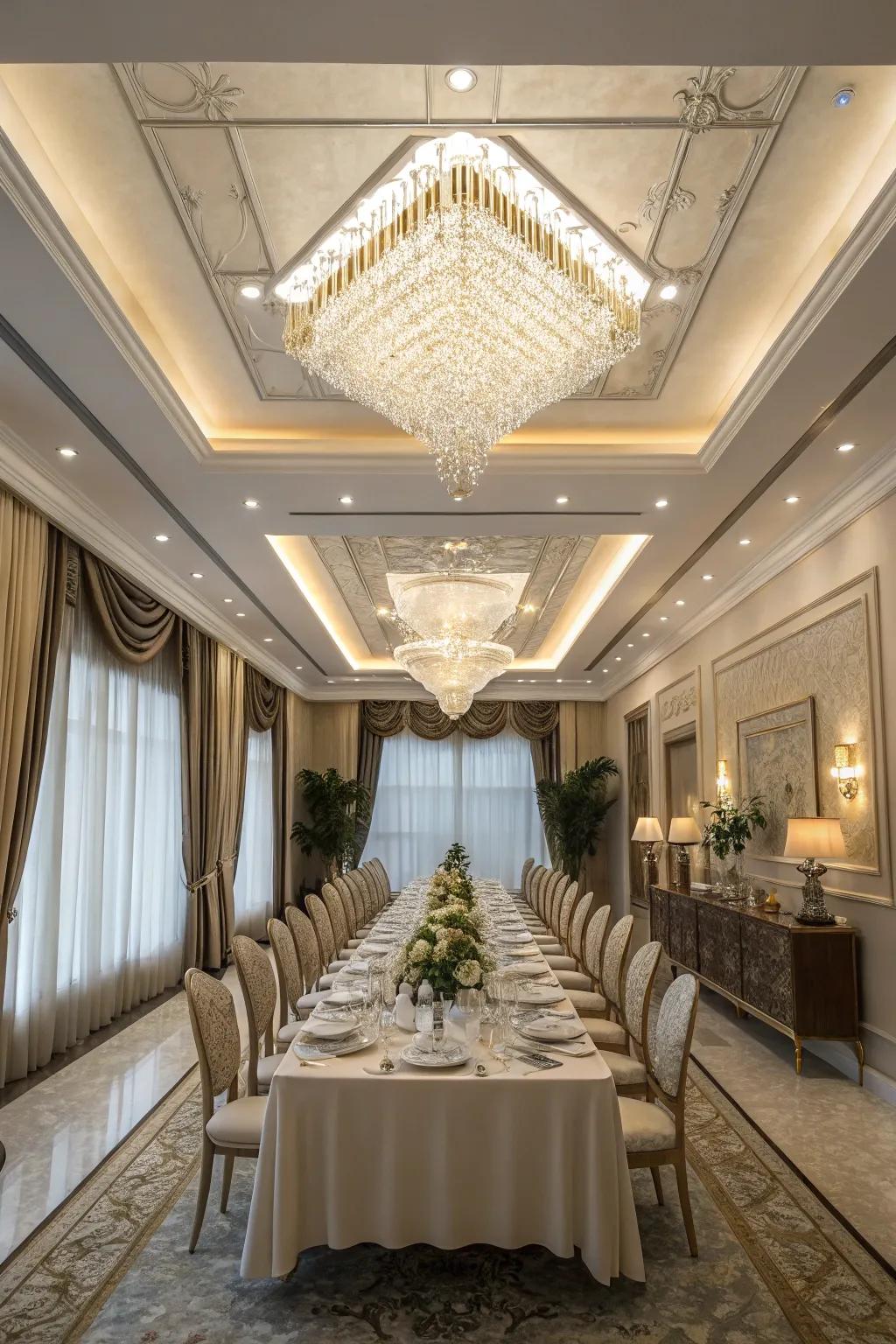 A lavish dining area elevated by a crystal chandelier's luxurious presence.