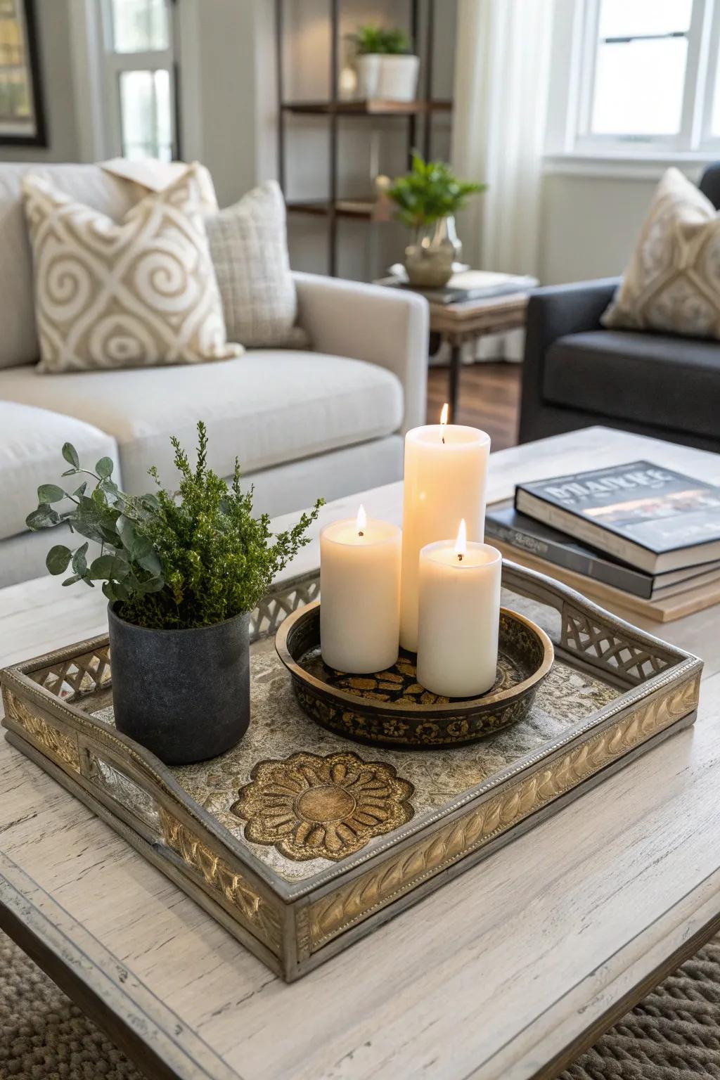 A trendy living area showcasing a stylish coffee table centerpiece.