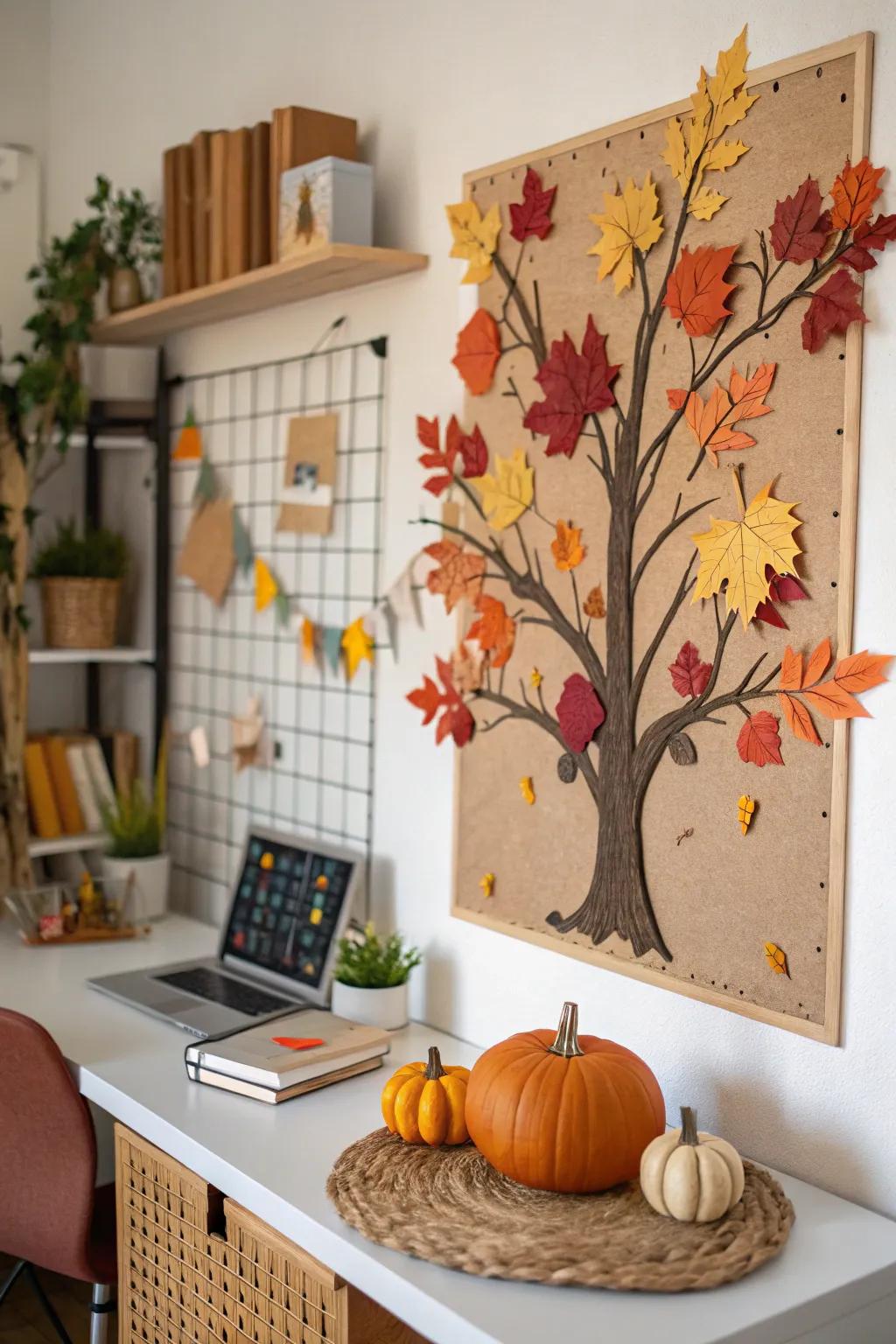 An autumn-inspired tree bulletin board adorned with colorful leaves and pumpkins.