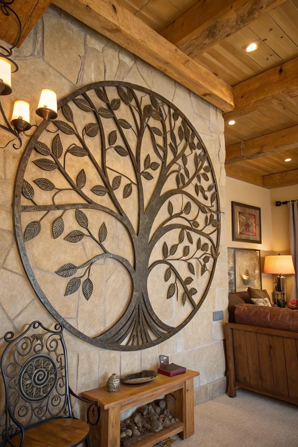 An elaborate metallic Eternal Tree wall accent enhances a country-style sitting room.
