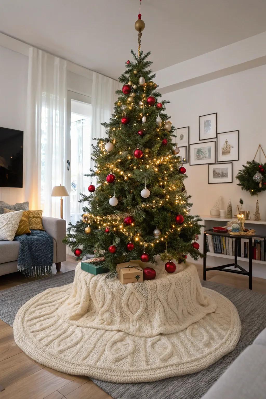 A knitted tree skirt introduces a comforting, handcrafted element to your festive decor.