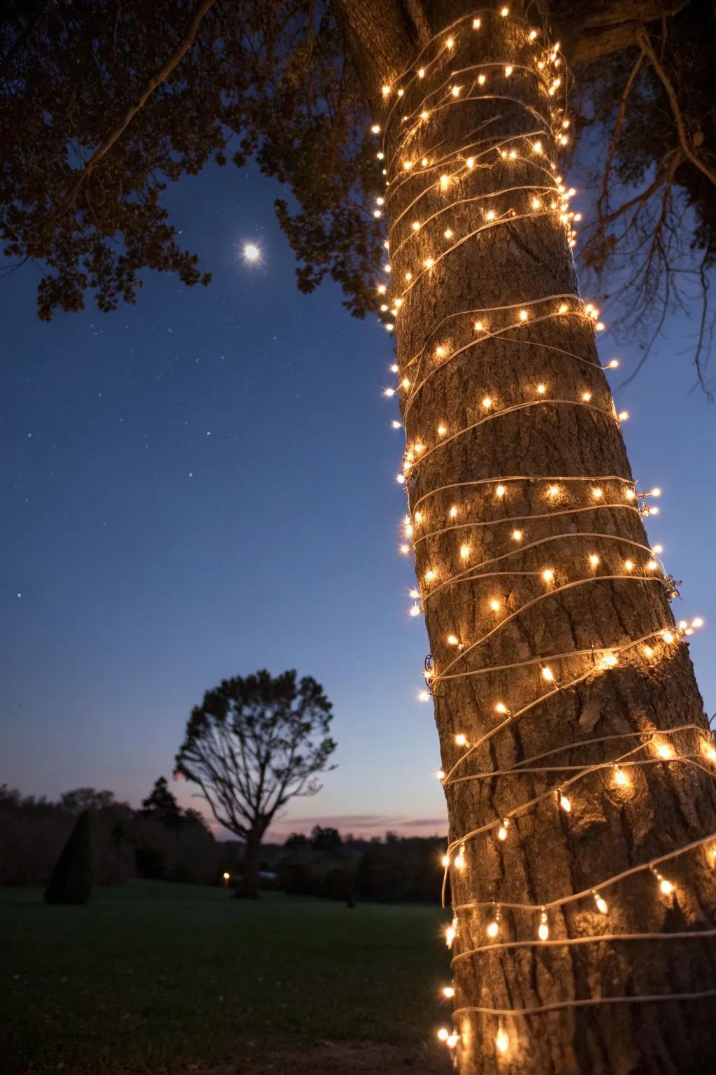 Twinkling lights wrapped around a tree trunk create a magical effect.